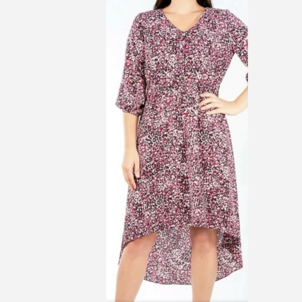NY Collection High Low Dress Sz 1X Burgundy Print Elastic Waist Lined 3/4 Sleeve
